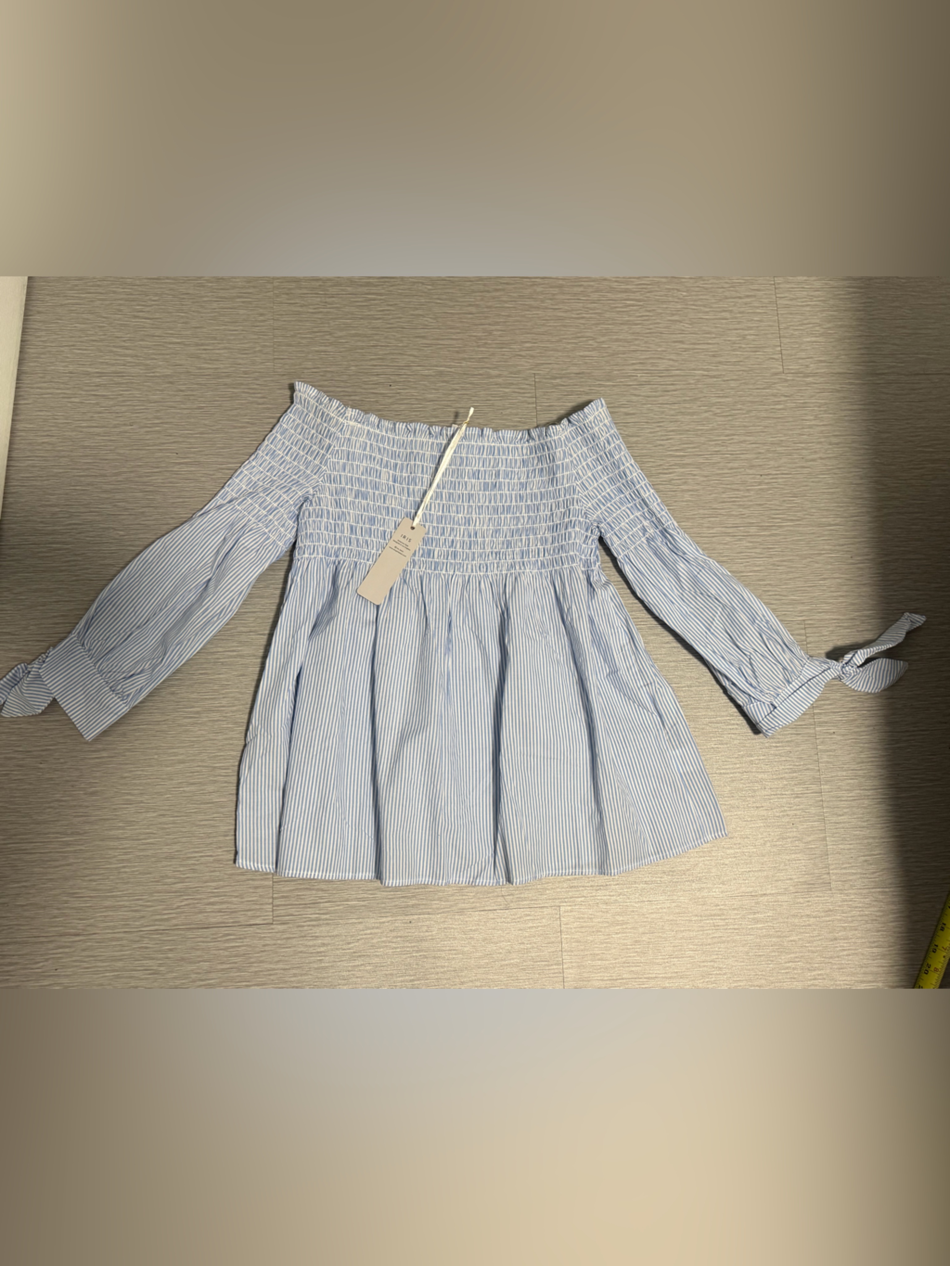 Nwt Iris Basic Blue White Striped Smocked Off Shoulder Top Tie Sleeves M — image 8 of 8